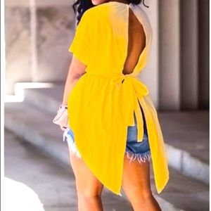 YELLOW drawstring open back cotton shirt.